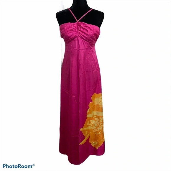 Express Y2K 90’ 100% Silk Pink Maxi Dress w/ flower detail - Picture 1 of 17